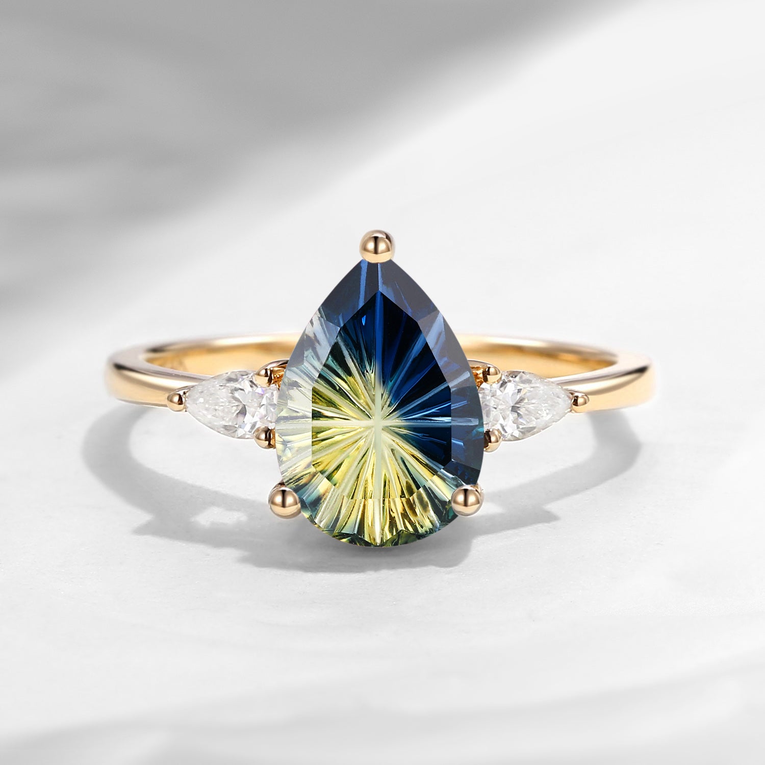 Classic Fantasy Cut Pear Natural Parti Sapphire Three Stone Engagement Ring