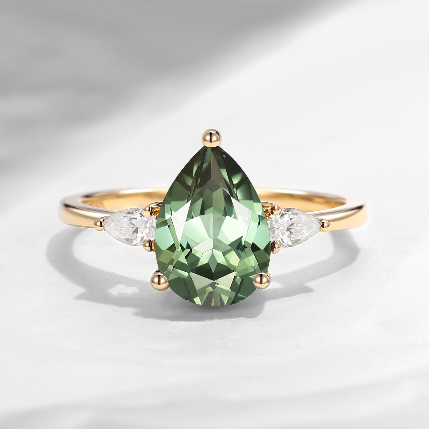 Classic Pear Cut Lab Green Sapphire Three Stone Engagement Ring