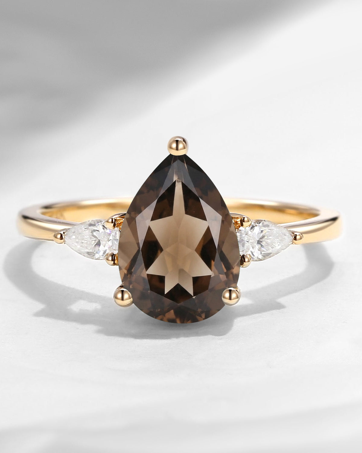 Pear Shaped Smokey Quartz Three Stones Engagement Ring