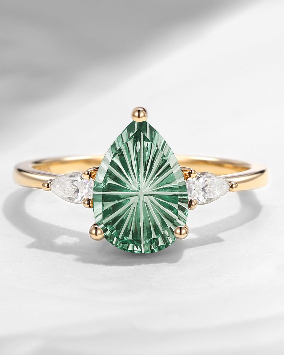 Fantasy Carved Pear Shaped Lab Green Sapphire Three Stone Engagement Ring
