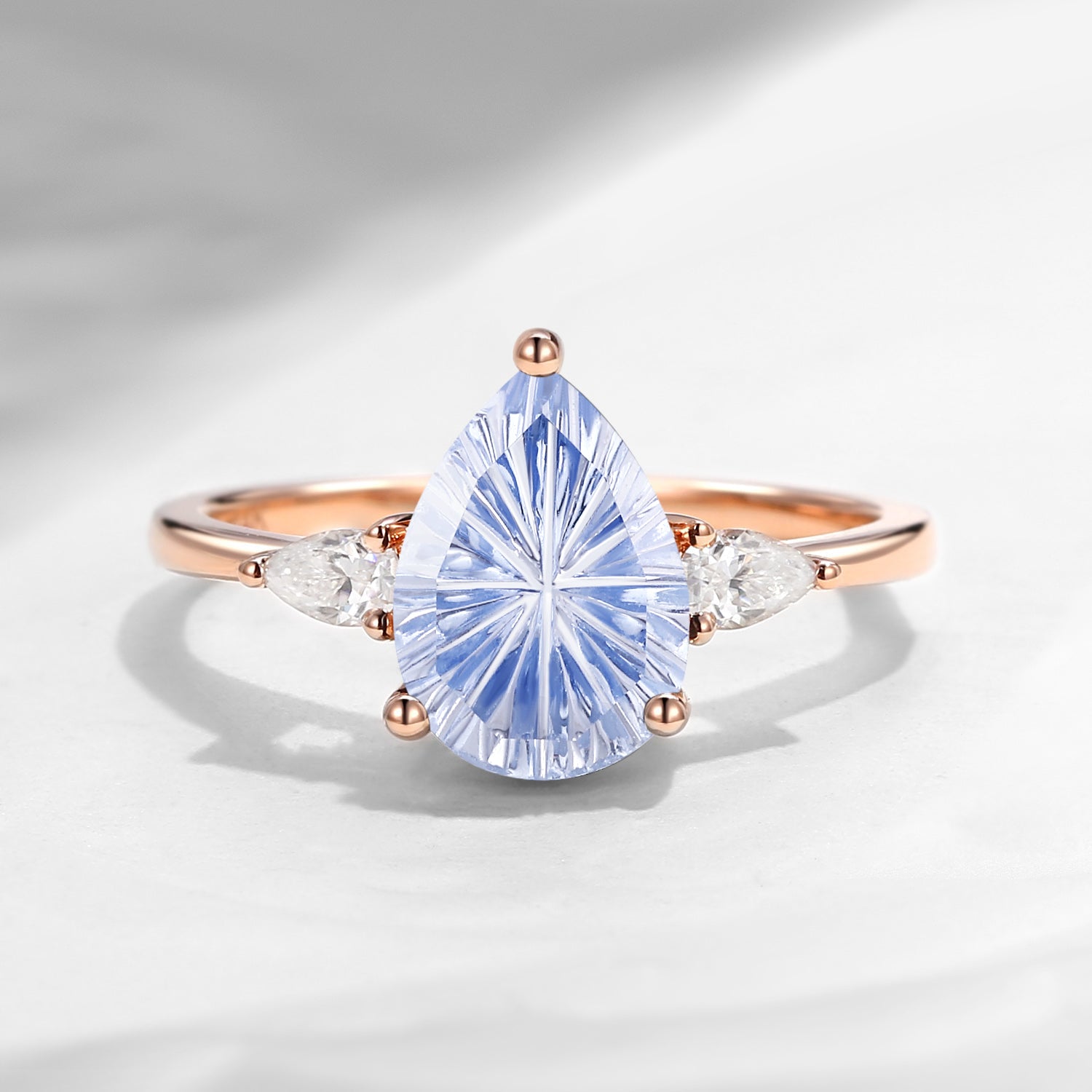 Classic Fantasy Cut Pear Lab Cornflower Sapphire Three Stone Engagement Ring