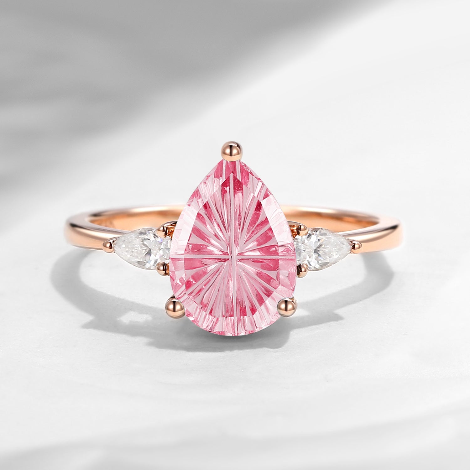 Classic Fantasy Cut Pear Lab Pink Sapphire Three Stone Engagement Ring