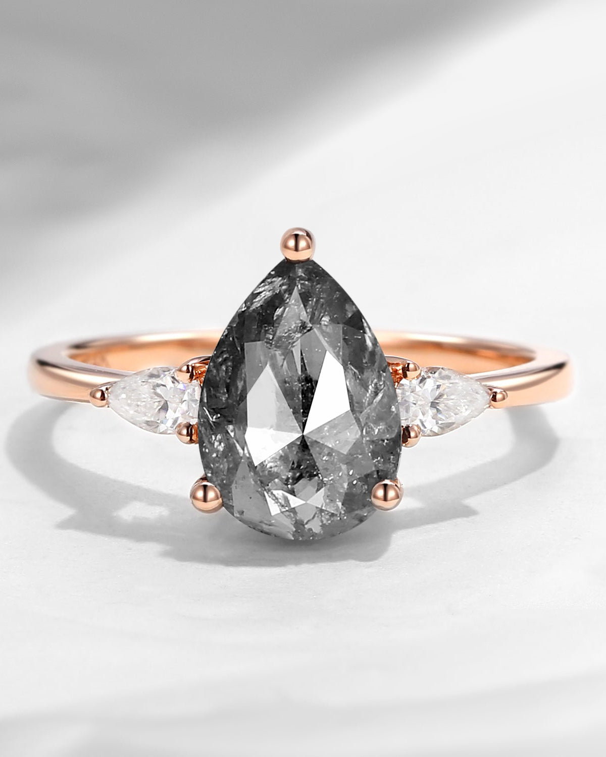 Pear Shaped Salt and Pepper Diamond Three Stone EngagementRing