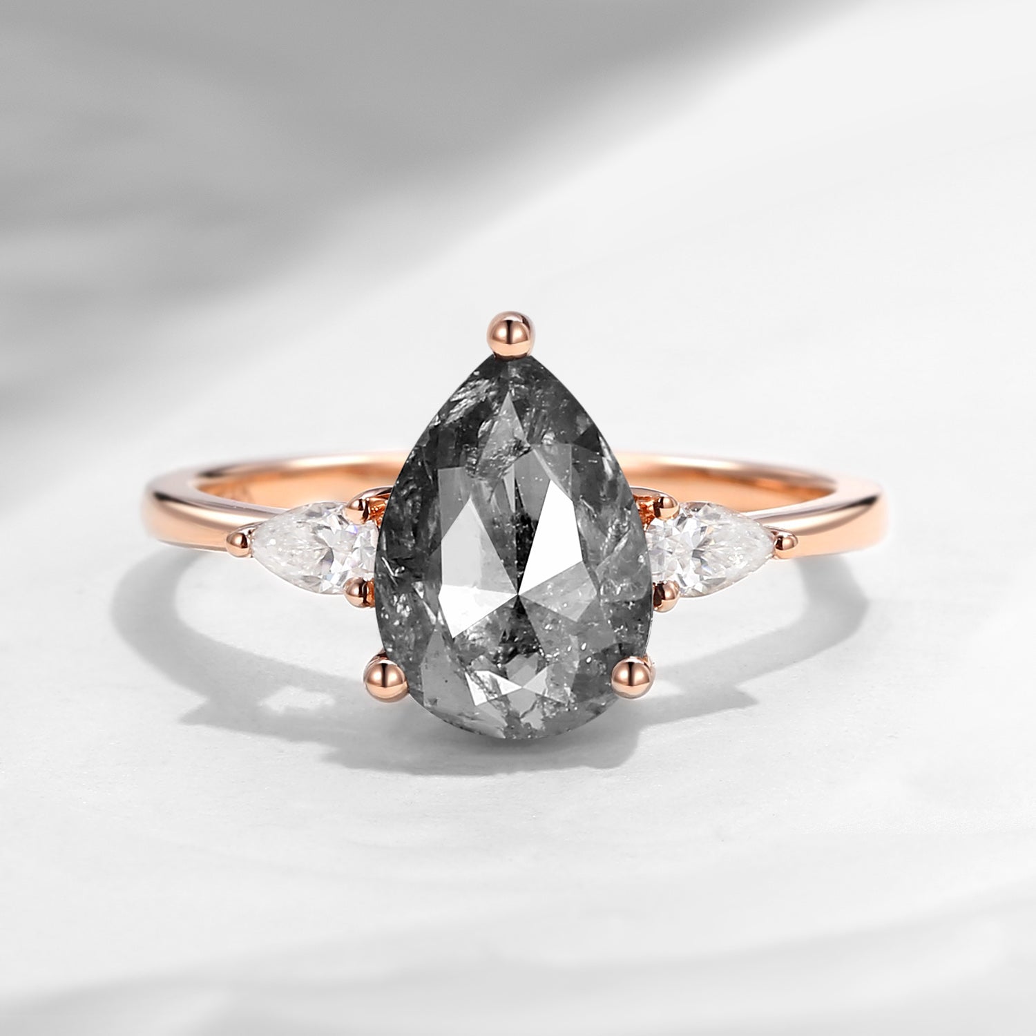 Pear Shaped Salt and Pepper Diamond Three Stone EngagementRing