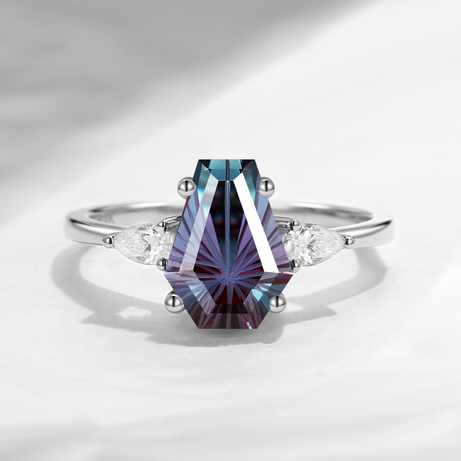 Classic Firework Cut Coffin Lab Alexandrite Three Stone Engagement Ring