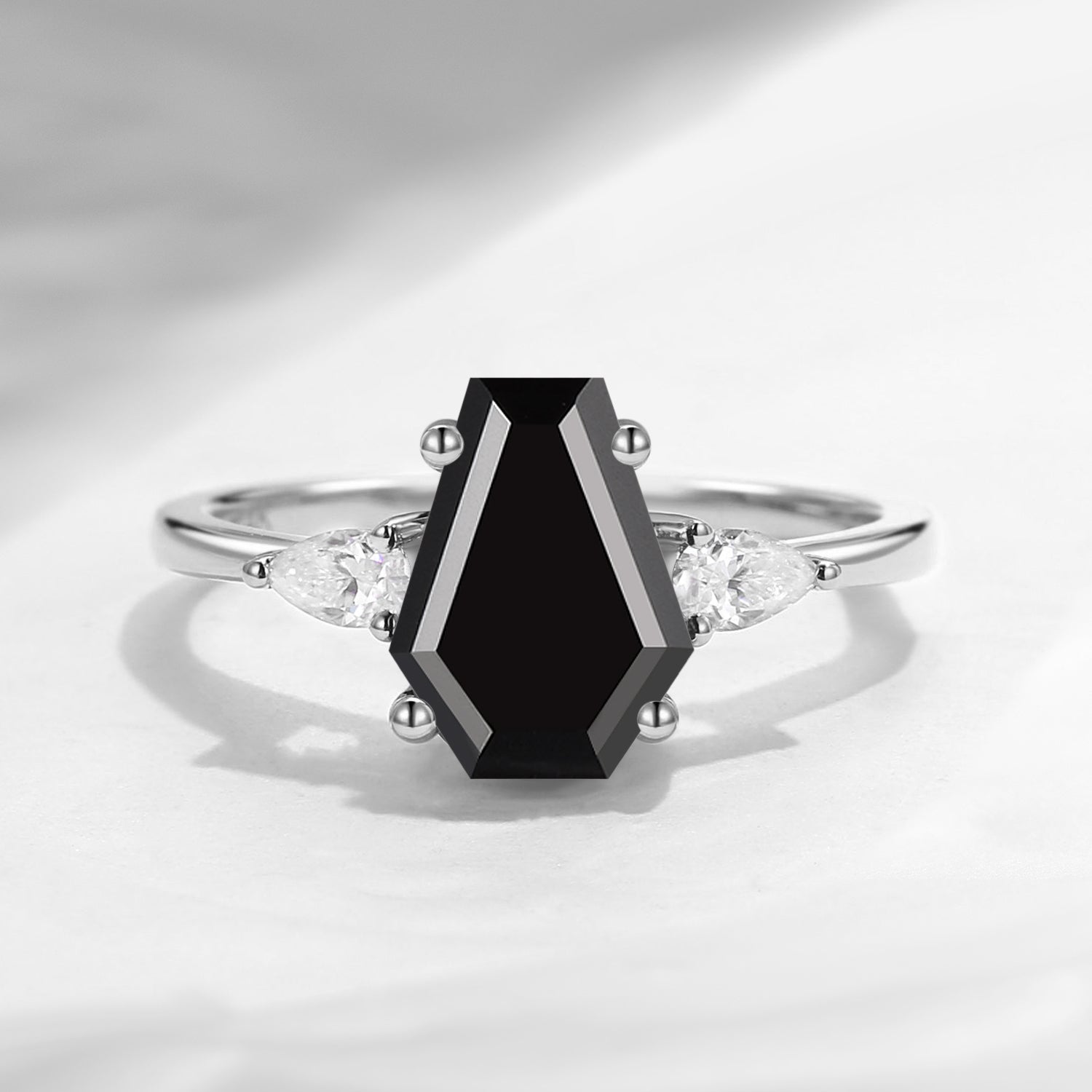 Classic Coffin Cut Black Moissanite Three Stone Engagement Ring