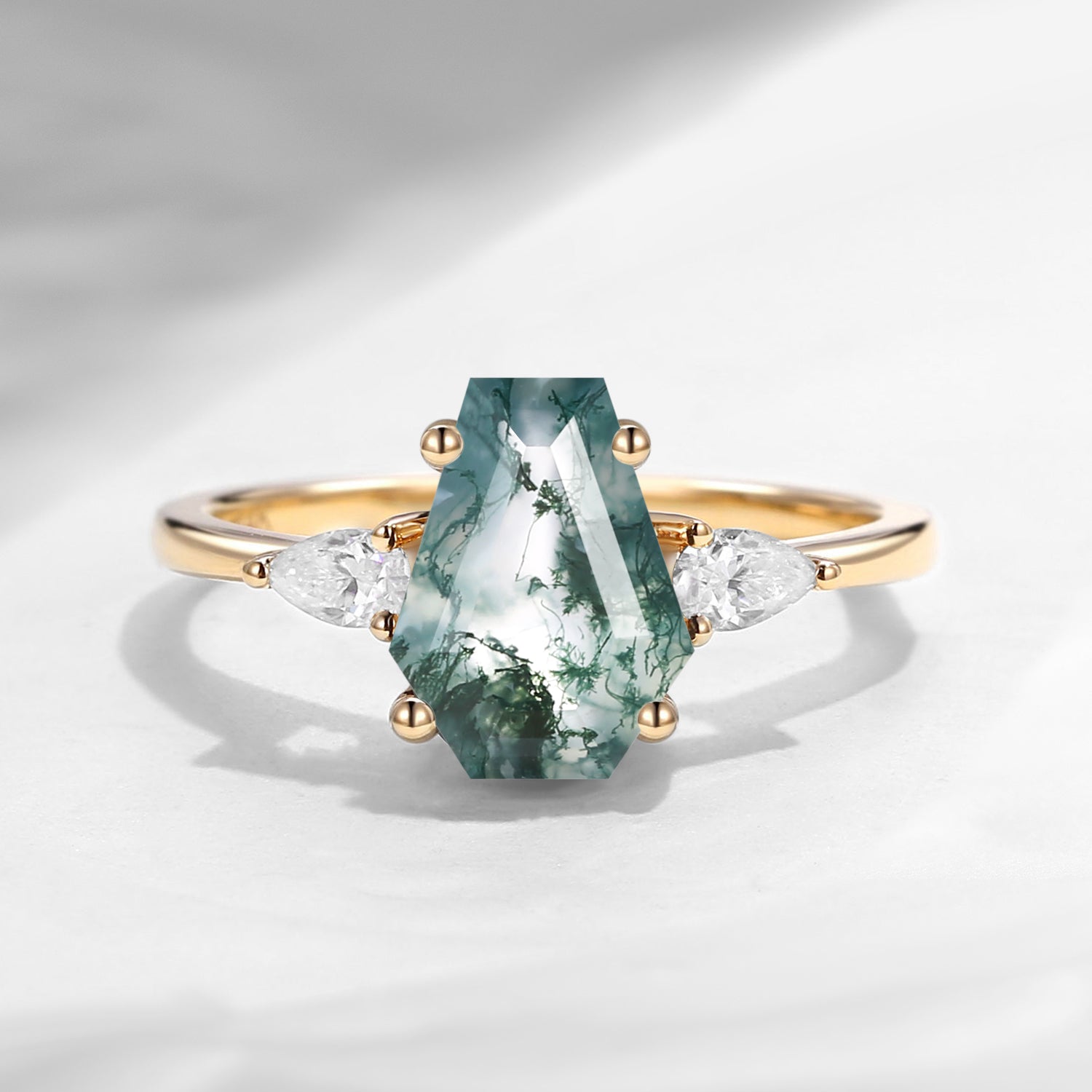 Classic Coffin Cut Moss Agate Three Stone Engagement Ring