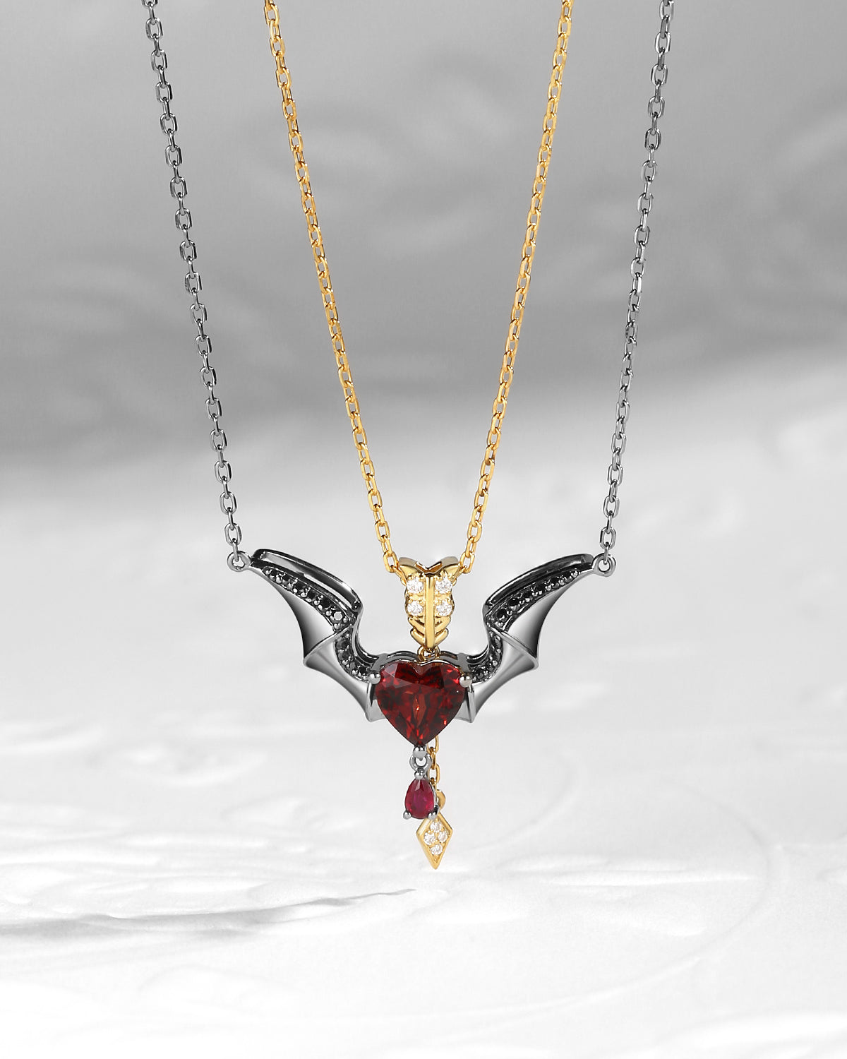 Black Inspired Devil Wing Garnet Heart Cut Couple Necklaces Set 2pcs - Cupid's Arrow