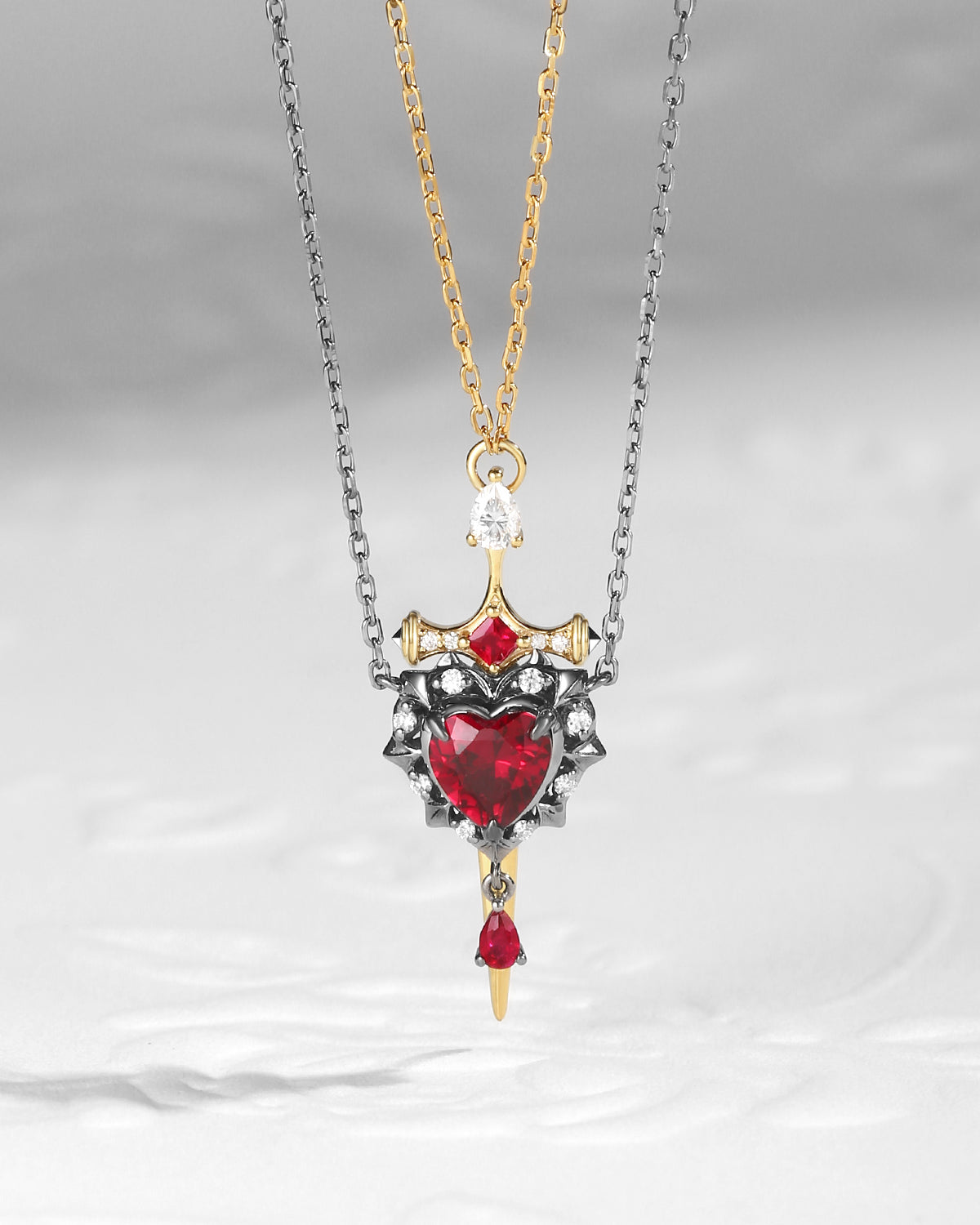 Lab Ruby Heart Cut Couple Necklaces Set 2pcs - Cupid's Arrow