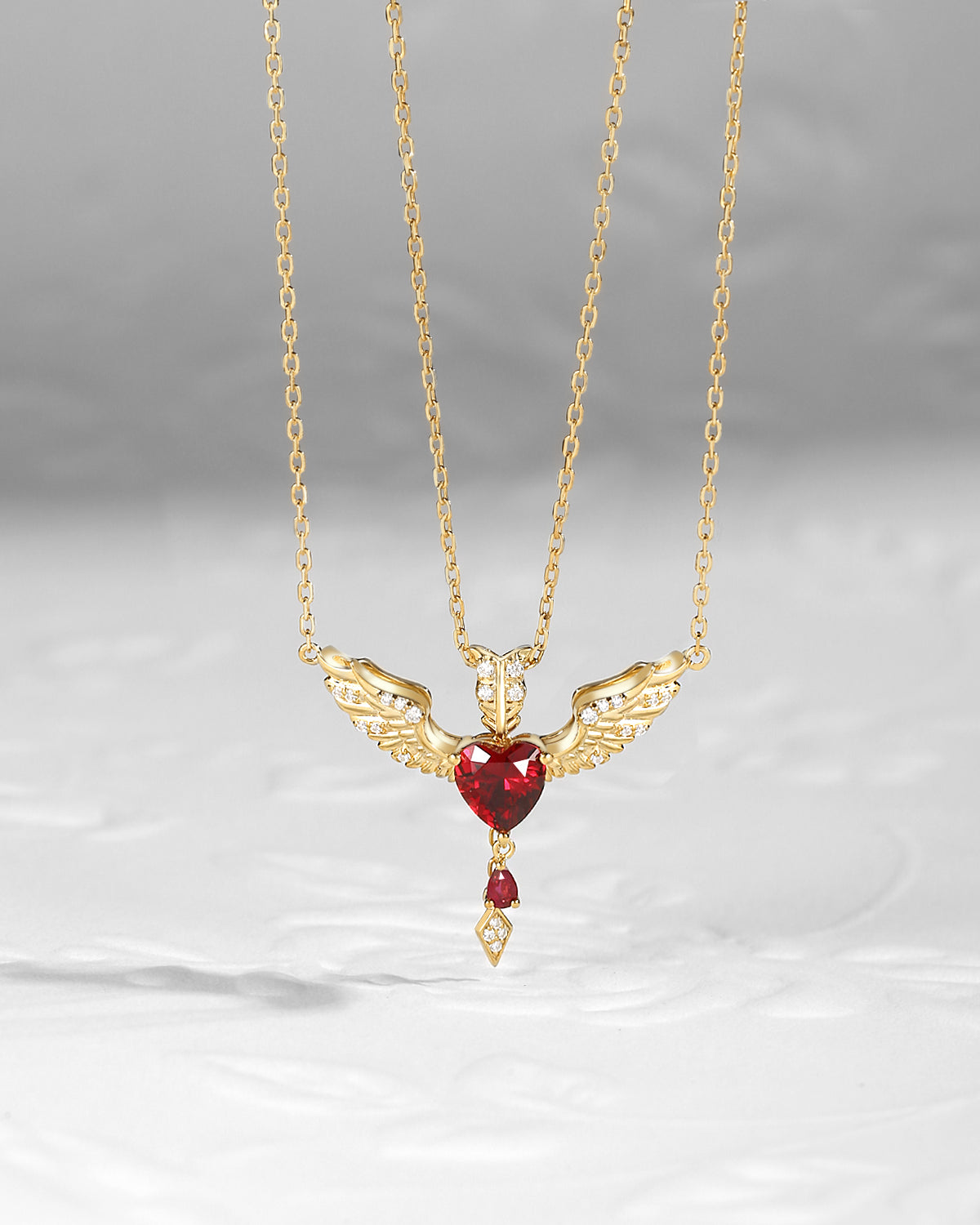 Feather Wing Lab Ruby Heart Cut Couple Necklaces Set 2pcs - Cupid's Arrow