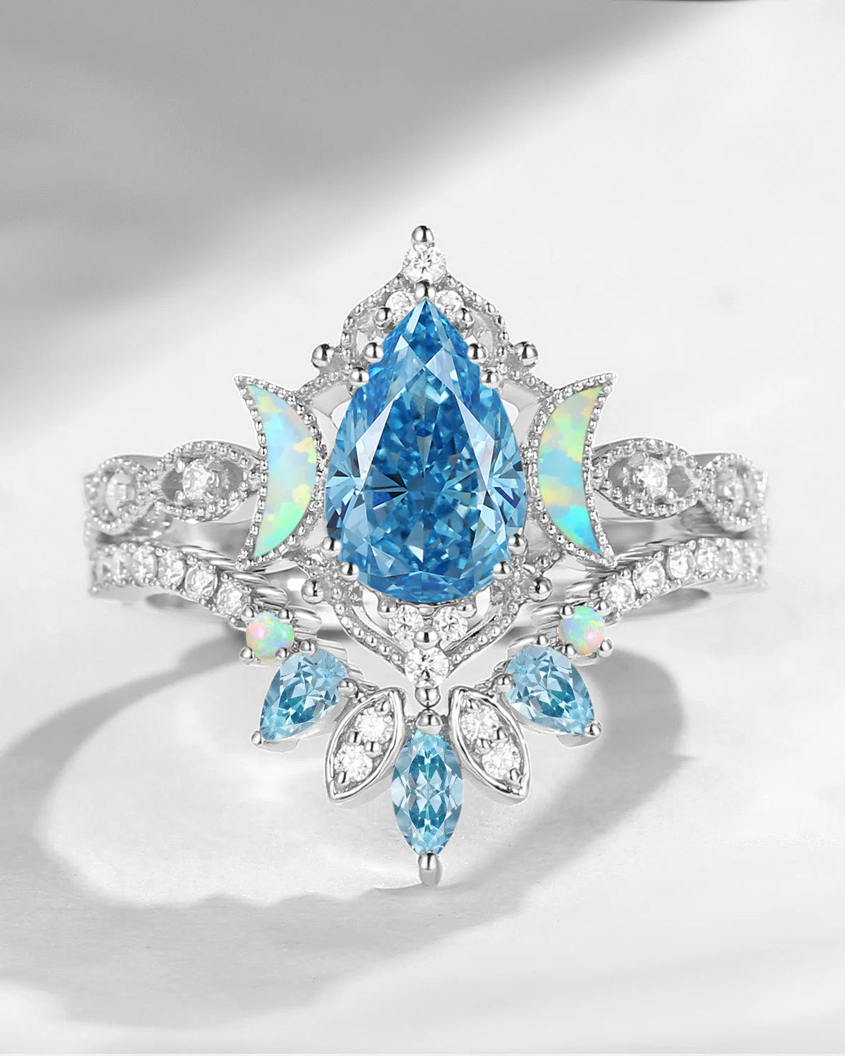 Crescent Moon | Pear Cut Blue Lab Diamond 'Ultra Galaxy' Engagement Ring Set 2pcs