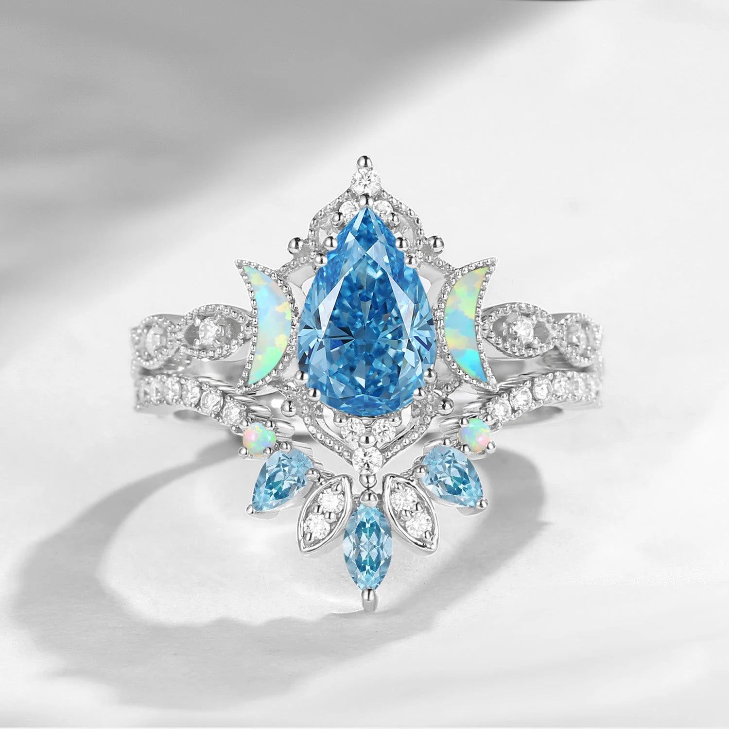 Crescent Moon | Pear Cut Blue Lab Diamond 'Ultra Galaxy' Engagement Ring Set 2pcs