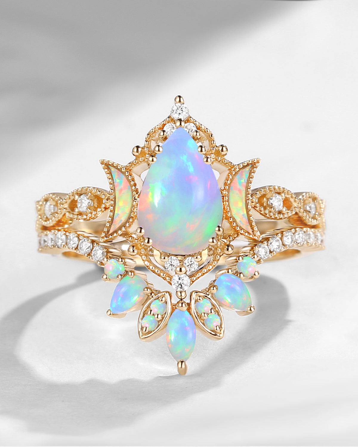 Crescent Moon | Pear Cut Natural Opal 'Ultra Galaxy' Engagement Ring Set 2pcs