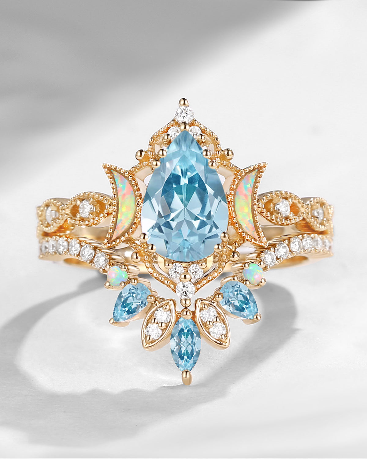 Crescent Moon | Pear Cut Natural Aquamarine 'Ultra Galaxy' Engagement Ring Set 2pcs
