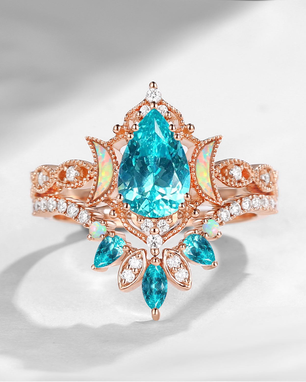 Crescent Moon | Pear Cut Lab Paraiba 'Ultra Galaxy' Engagement Ring Set 2pcs