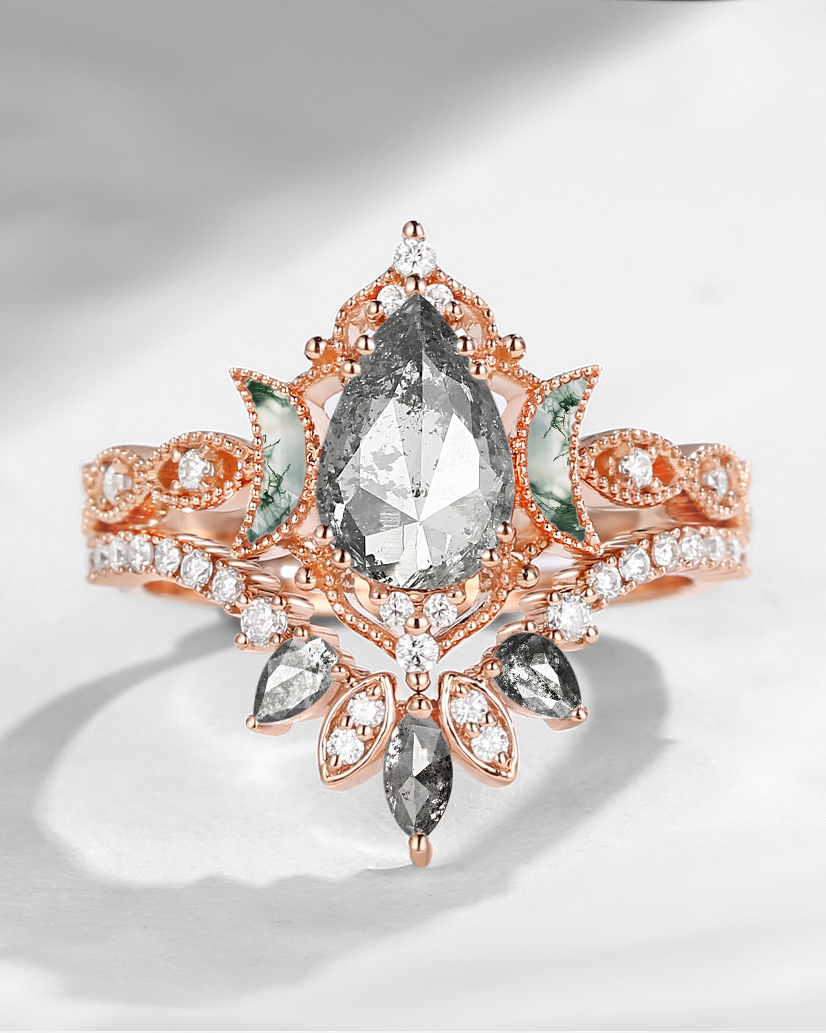 Crescent Moon | Pear Cut Salt And Pepper Diamond 'Ultra Galaxy' Engagement Ring Set 2pcs