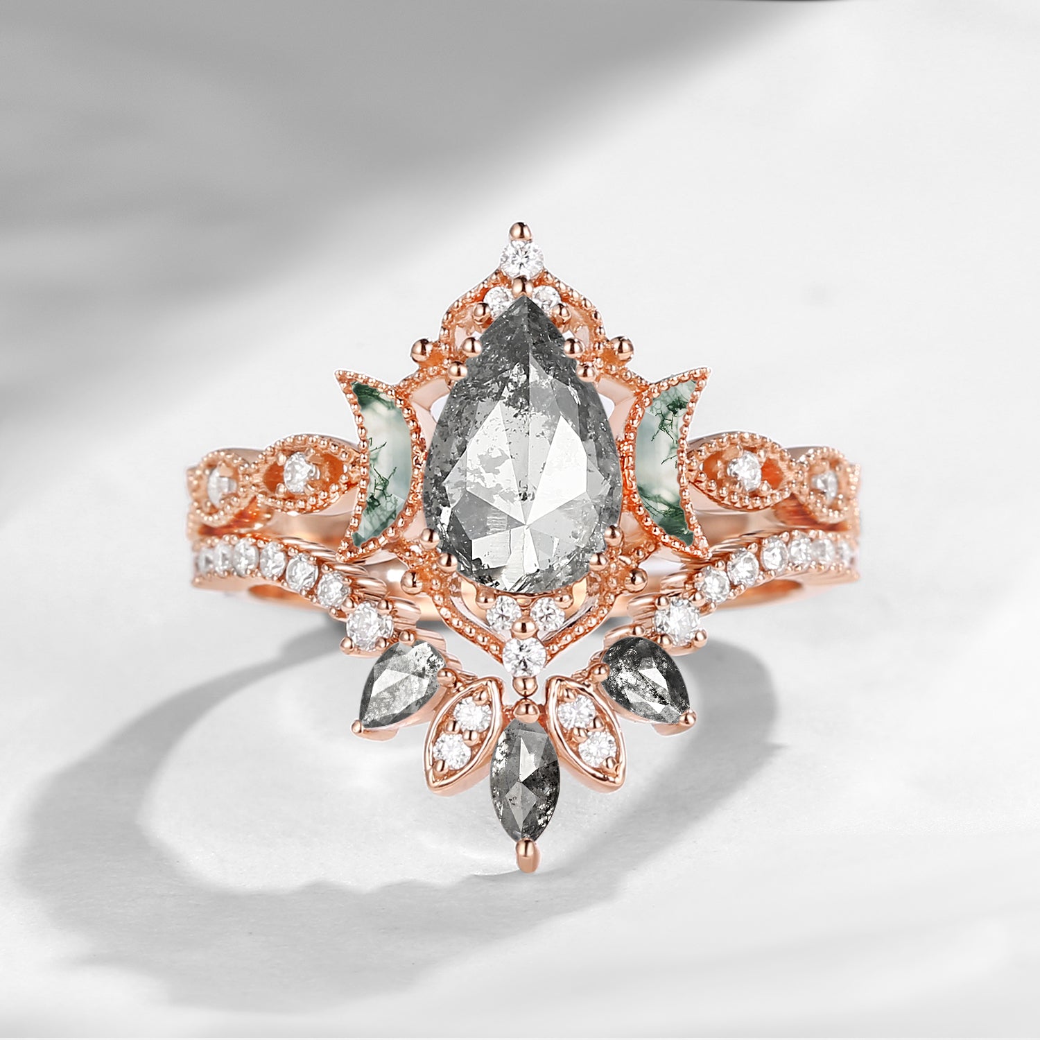 Crescent Moon | Pear Cut Salt And Pepper Diamond 'Ultra Galaxy' Engagement Ring Set 2pcs