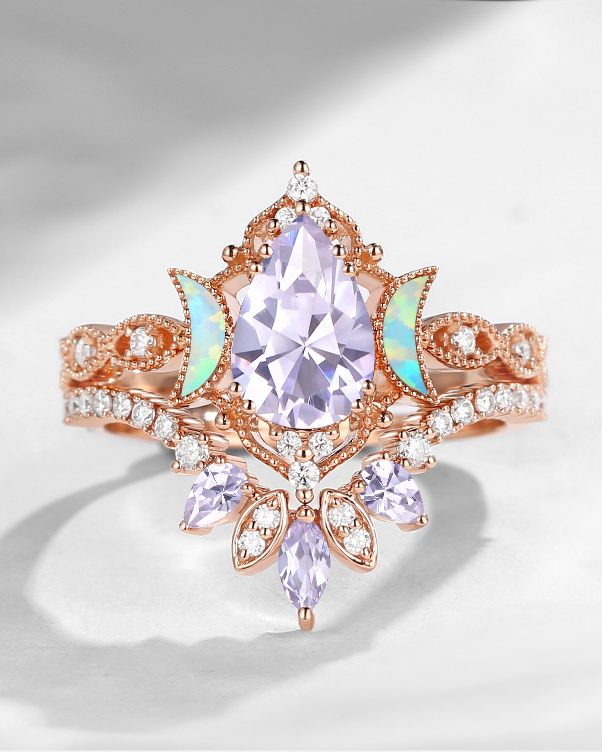 Crescent Moon | Pear Cut Lab Lavender Sapphire 'Ultra Galaxy' Engagement Ring Set 2pcs