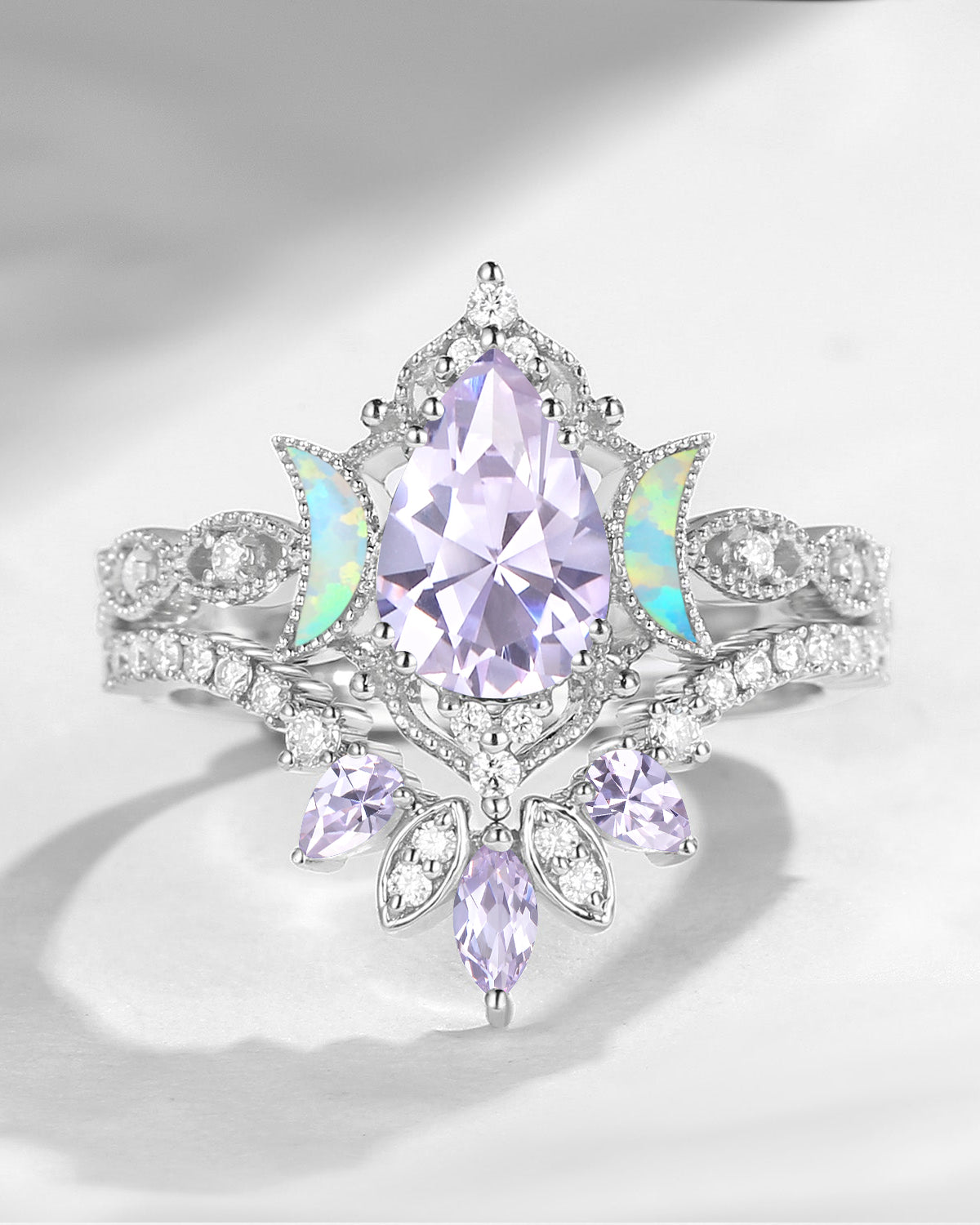 Crescent Moon | Pear Cut Lab Lavender Sapphire 'Ultra Galaxy' Engagement Ring Set 2pcs