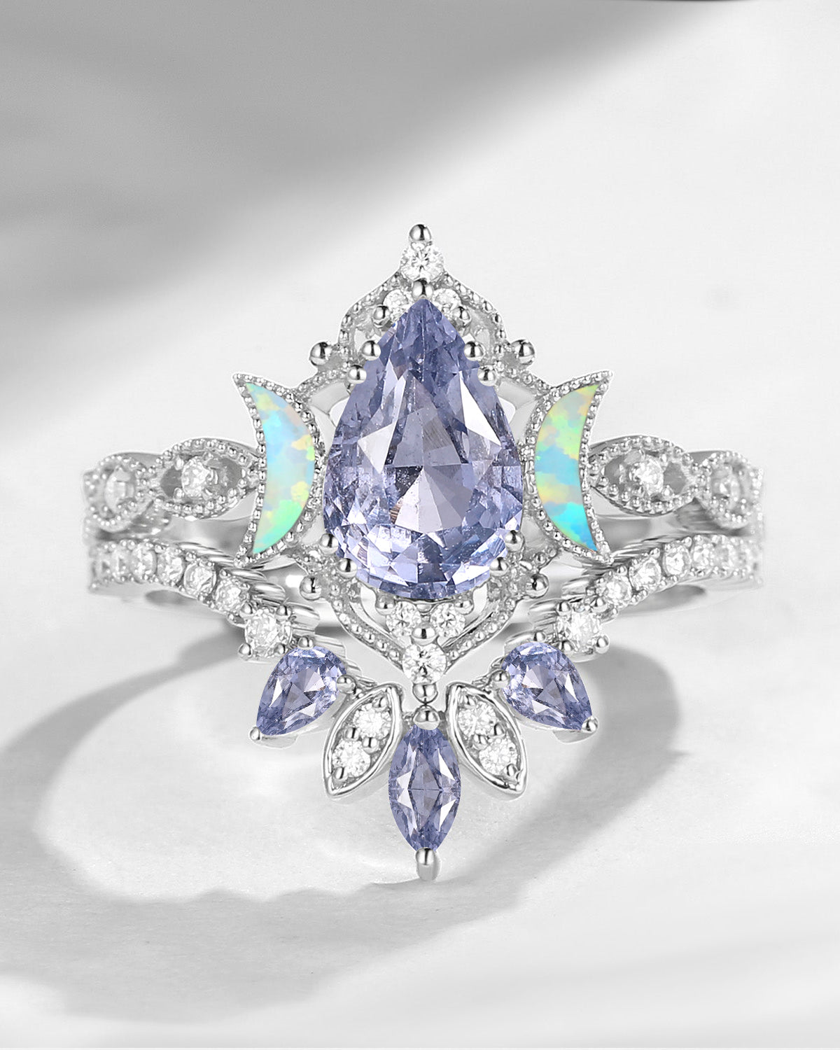 Crescent Moon | Pear Cut Natural Spinel 'Ultra Galaxy' Engagement Ring Set 2pcs