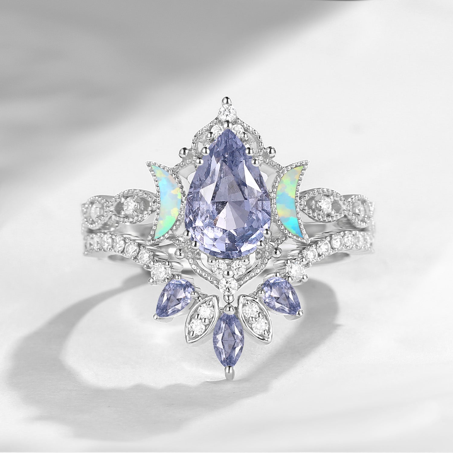 Crescent Moon | Pear Cut Natural Spinel 'Ultra Galaxy' Engagement Ring Set 2pcs