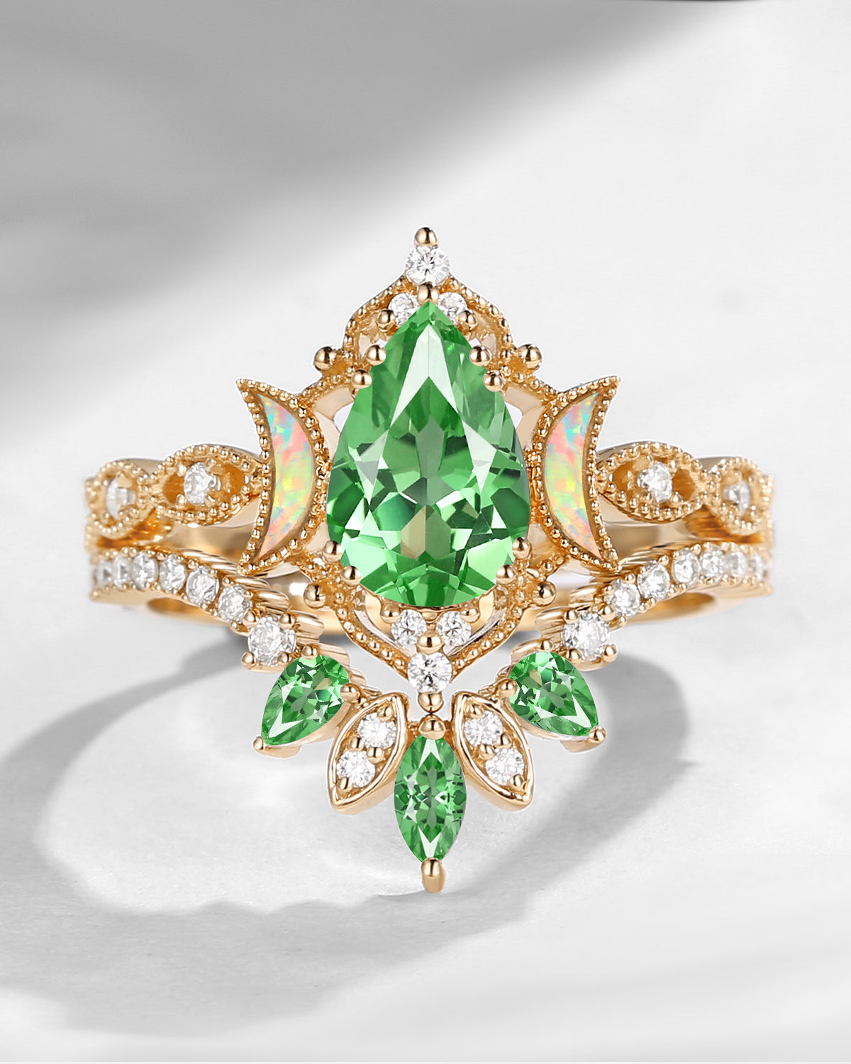 Crescent Moon | Pear Cut Lab Tsavorite 'Ultra Galaxy' Engagement Ring Set 2pcs