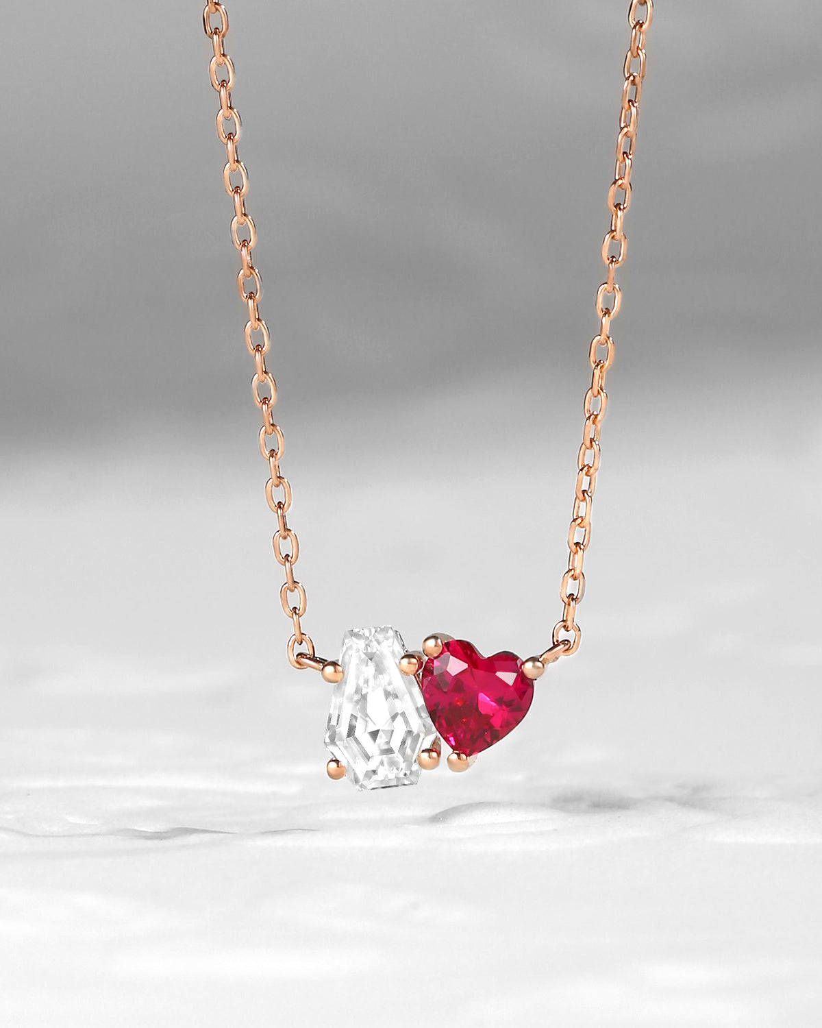 Moissanite And Lab Ruby Two Stone Coffin And Heart Cut Necklace - Toi Et Moi Necklace