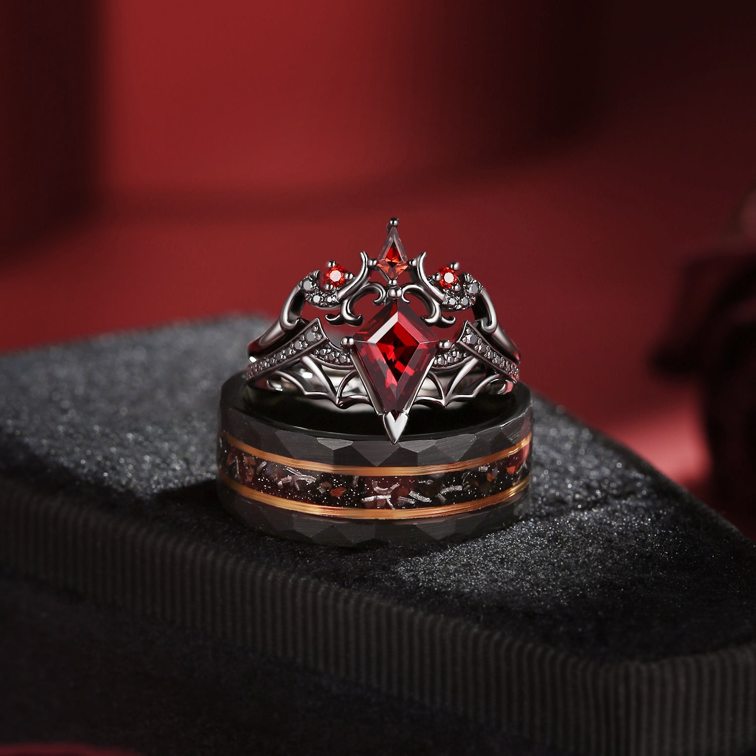Bat Wing Inspired Kite Cut Garnet & Strips Leafy Band Couple Bridal Ring Set