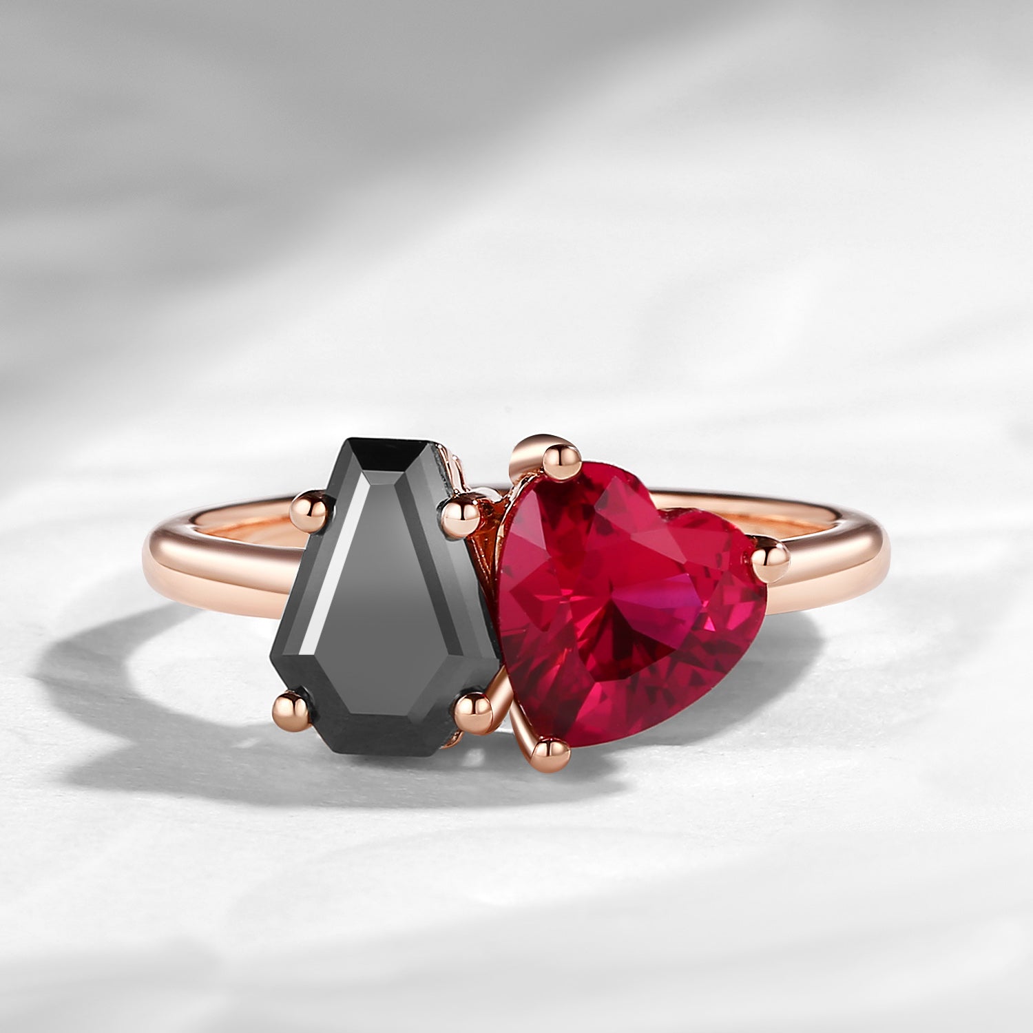 Black Moissanite And Lab Ruby Ring Two Stone Coffin And Heart Cut Promise Ring - Toi Et Moi Ring