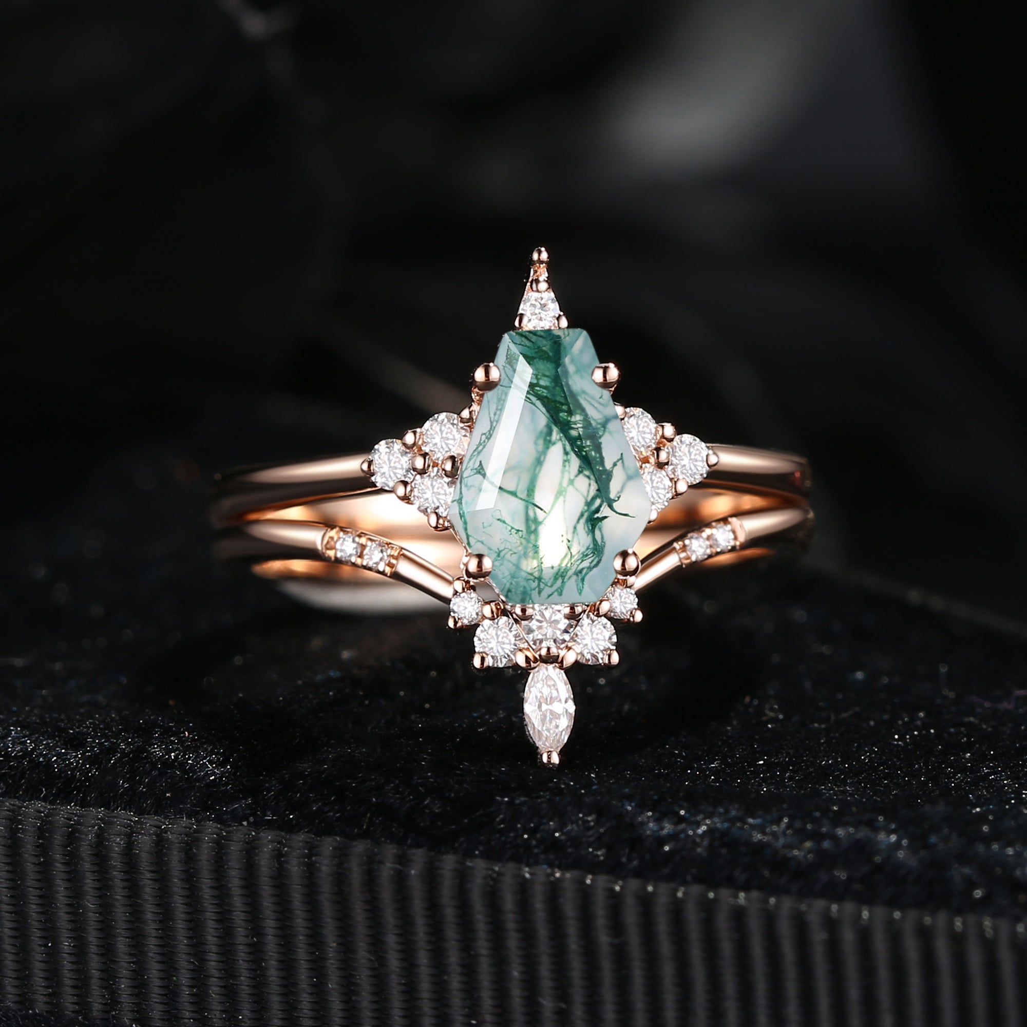 Unique Coffin Moss Agate Engagement Star Ring Set 2pcs - Coffin Kite
