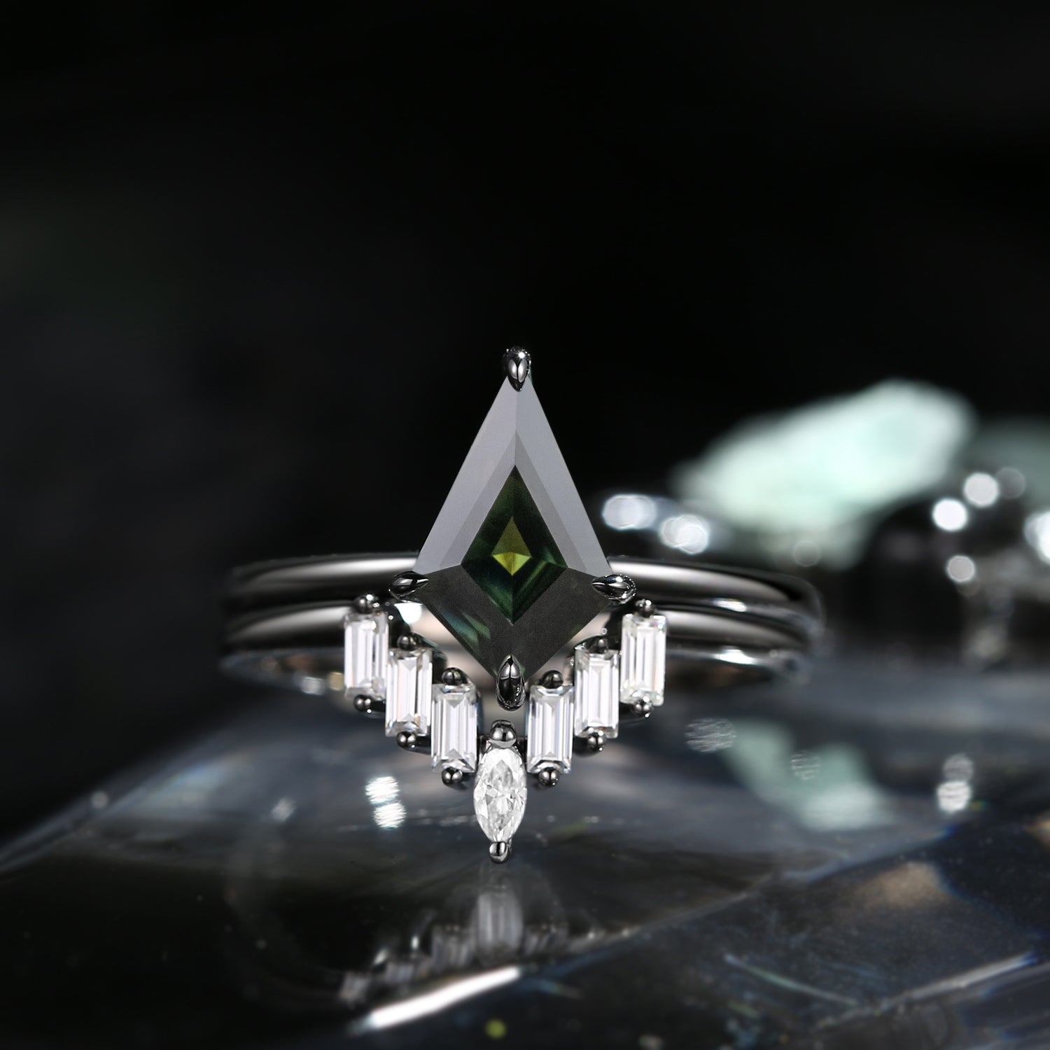 Classic Art-Deco Kite Cut Natural Teal Sapphire Engagement Ring Set