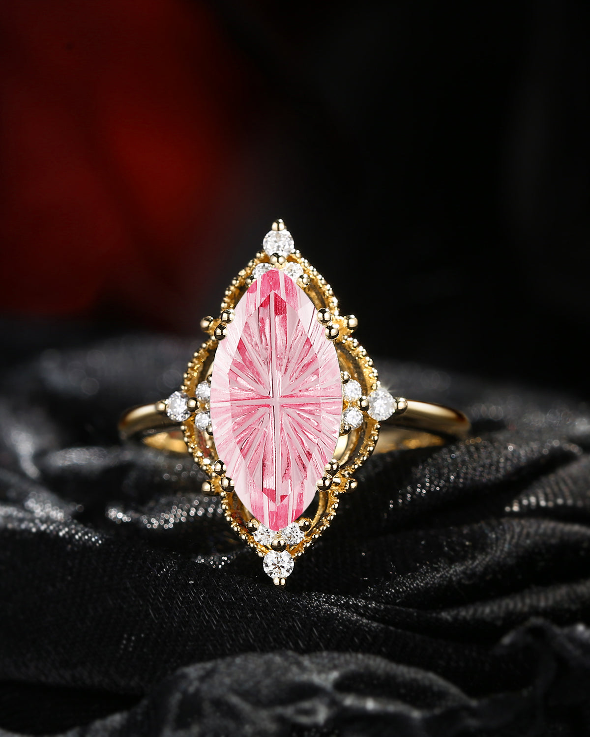 Fantasy Carved Lab Pink Sapphire Marquise Vintage Inspired Engagement Ring