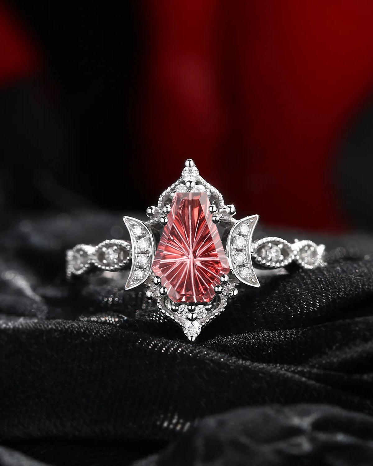 Crescent Moon | Vingtage Unique Milgrain Firework Cut Coffin Garnet Engagement Ring