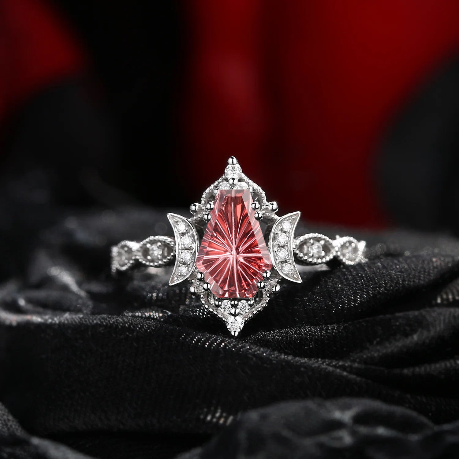Crescent Moon | Vingtage Unique Milgrain Firework Cut Coffin Garnet Engagement Ring