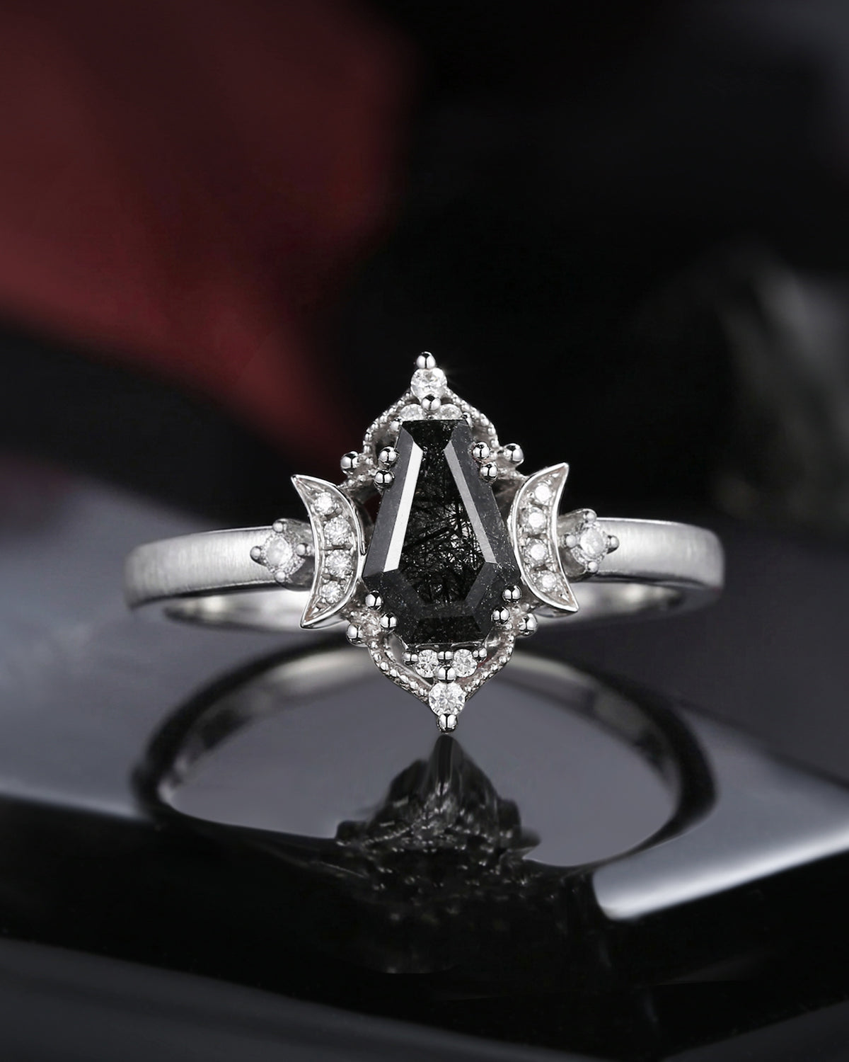 'Till Death Do Us Part' – Textured Coffin Cut Black Rutilated Quartz Crescent Moon Engagement Ring