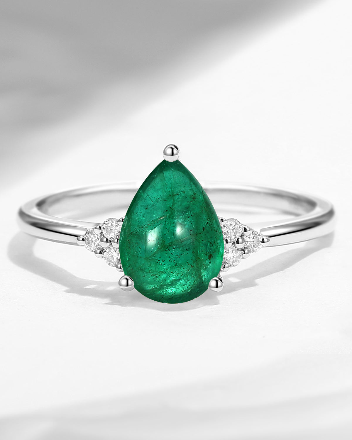Classic Style Pear Cut Natural Emerald Cluster Engagement Ring