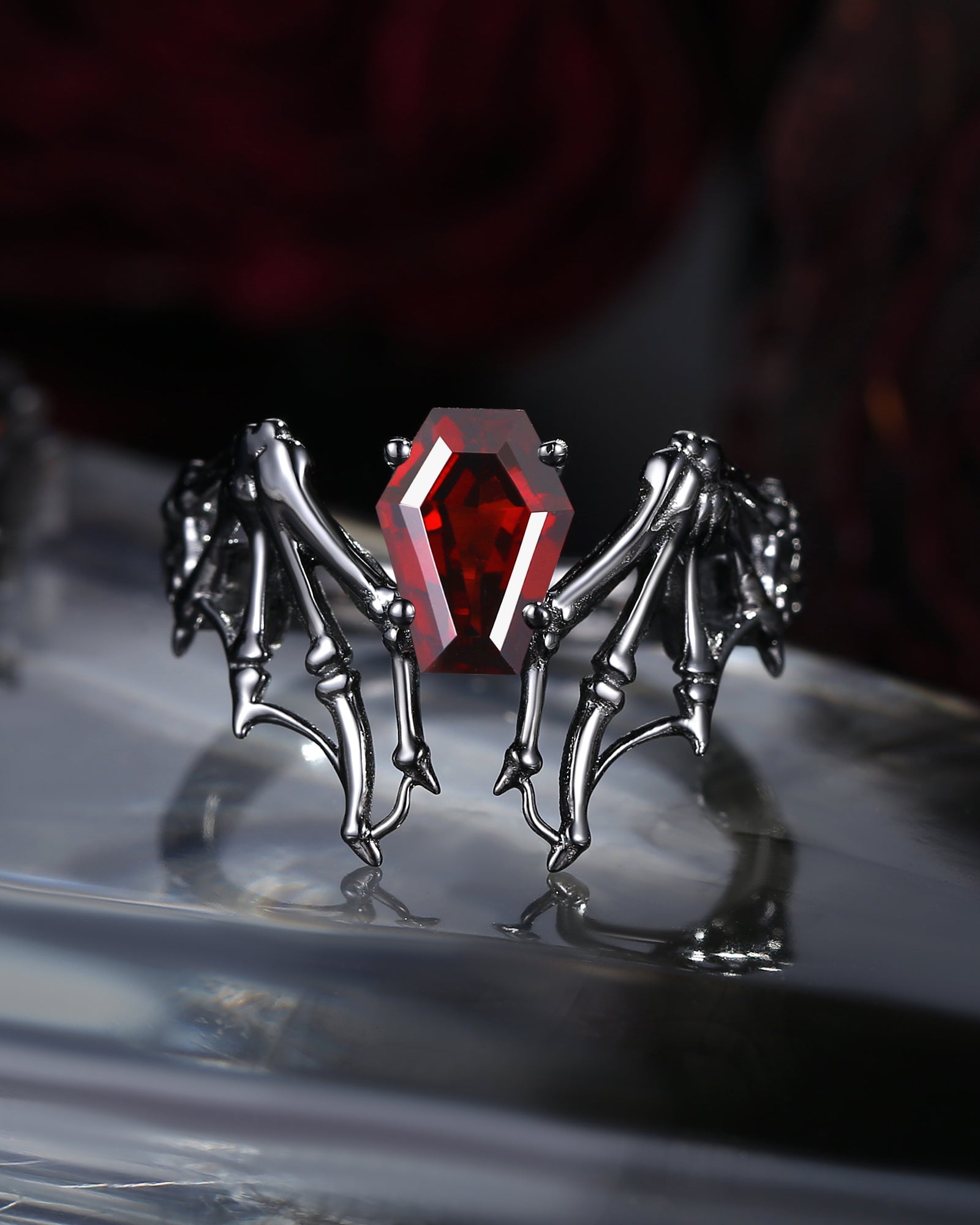 Garnet Coffin Cut Vintage Inspired Black Gold Engagement Ring - Bat Ring