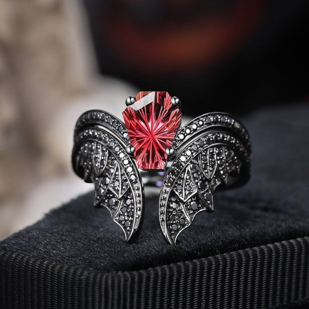 Firework Cut Natural Pink Tourmaline Coffin Black Gold Bridal Set 2pcs - Bat Ring