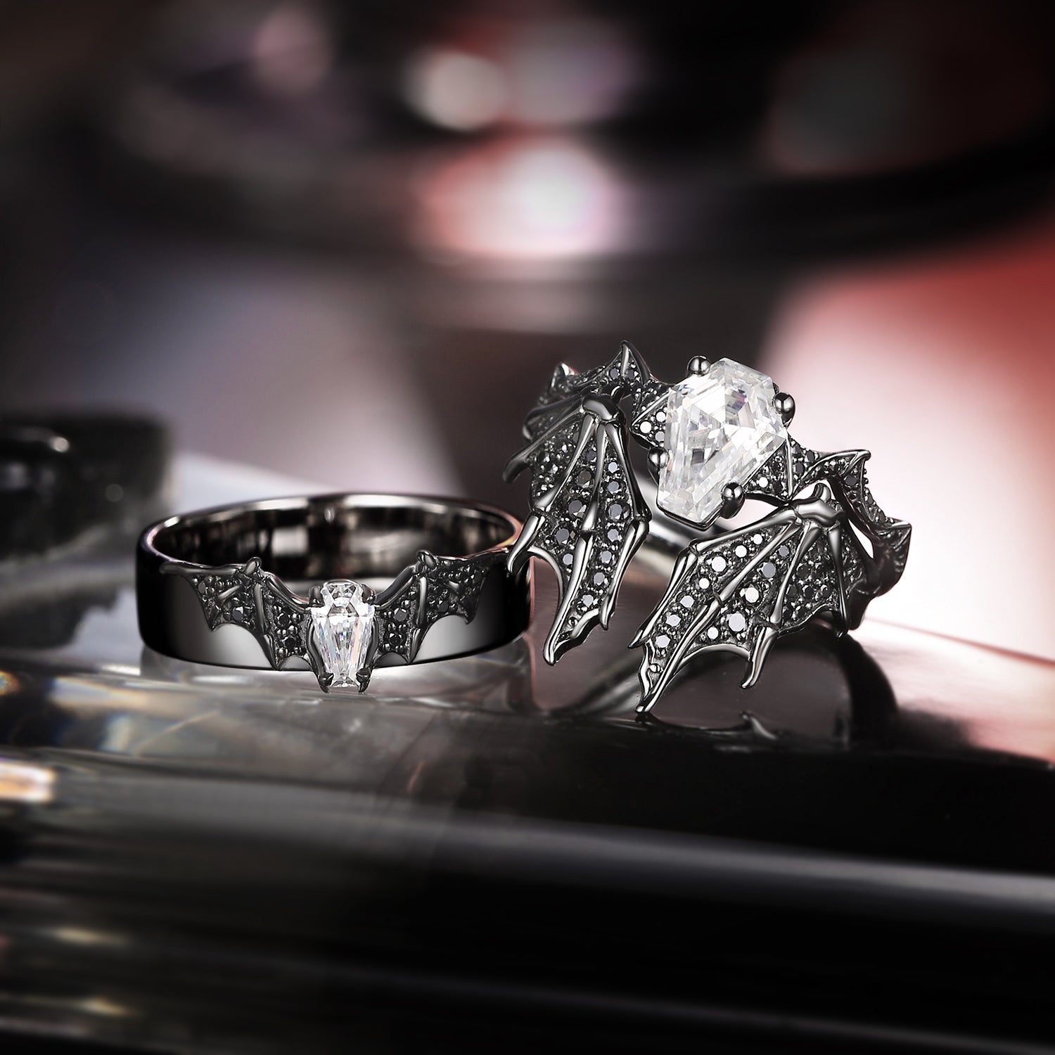 Bat Wing Inspired Coffin Moissanite Couple Bridal Ring Set
