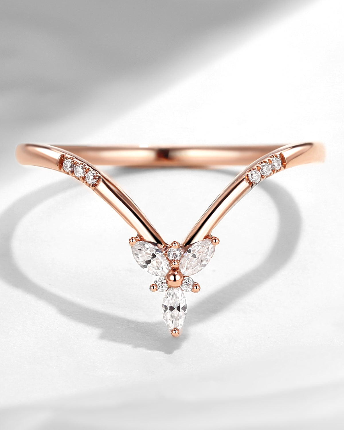 Women Long Curved Marquise Moissanite Wedding Band Promise Ring Chevron Band