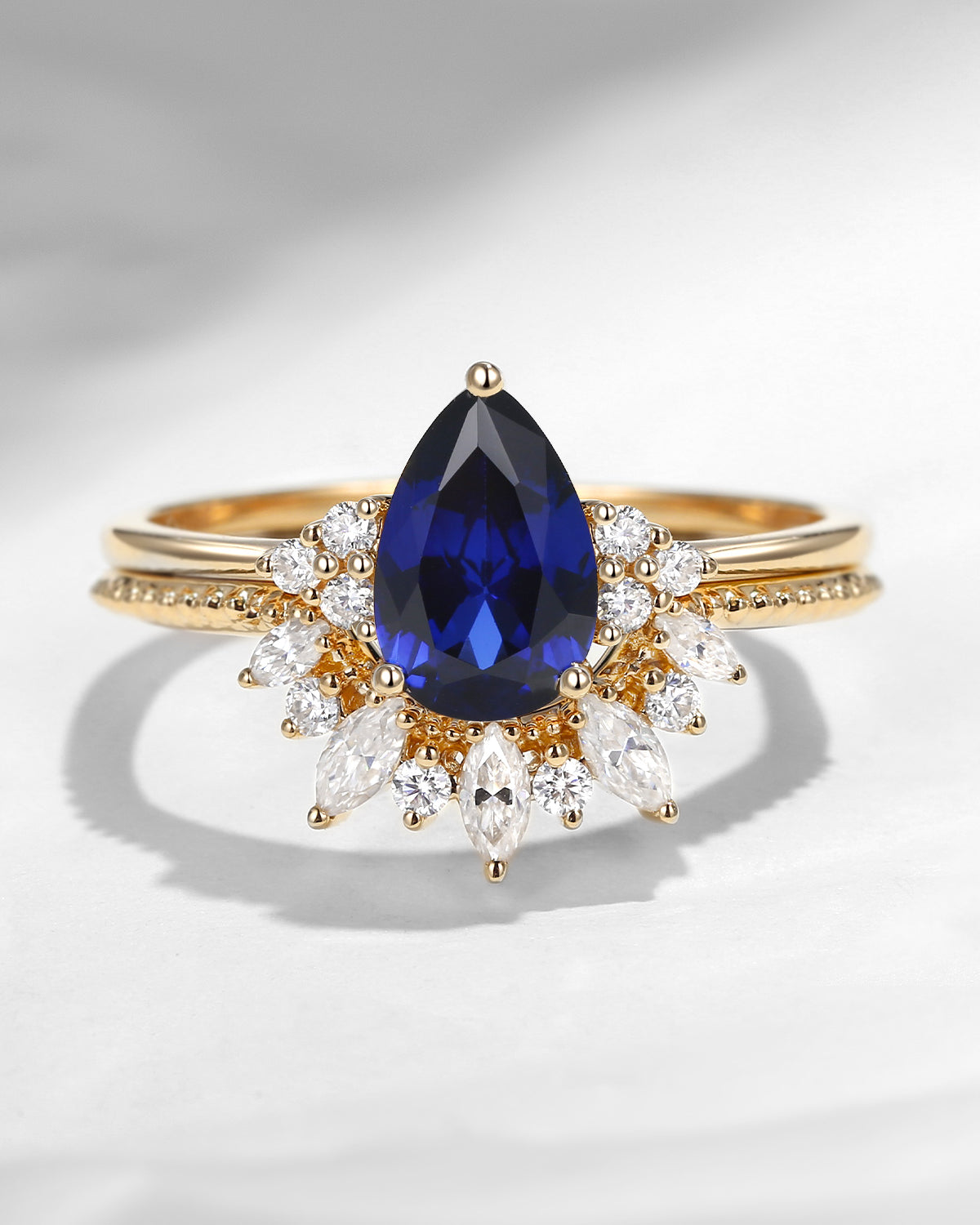 Cluster Pear Cut Lab Sapphire Engagement Halo Ring Set 2pcs