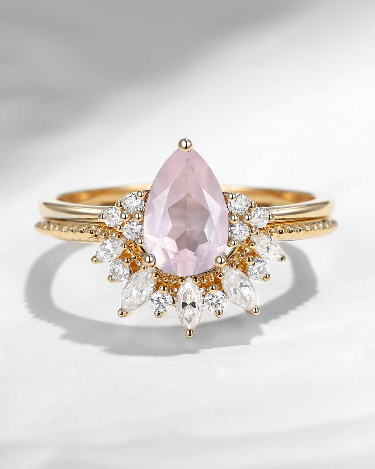 Cluster Pear Cut Rose Quartz Engagement Halo Ring Set 2pcs