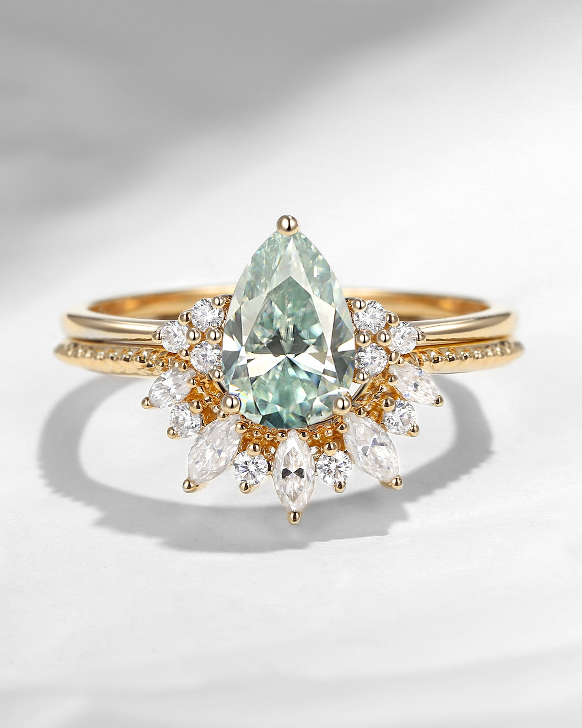 Cluster Pear Cut Mint Moissanite Engagement Halo Ring Set 2pcs
