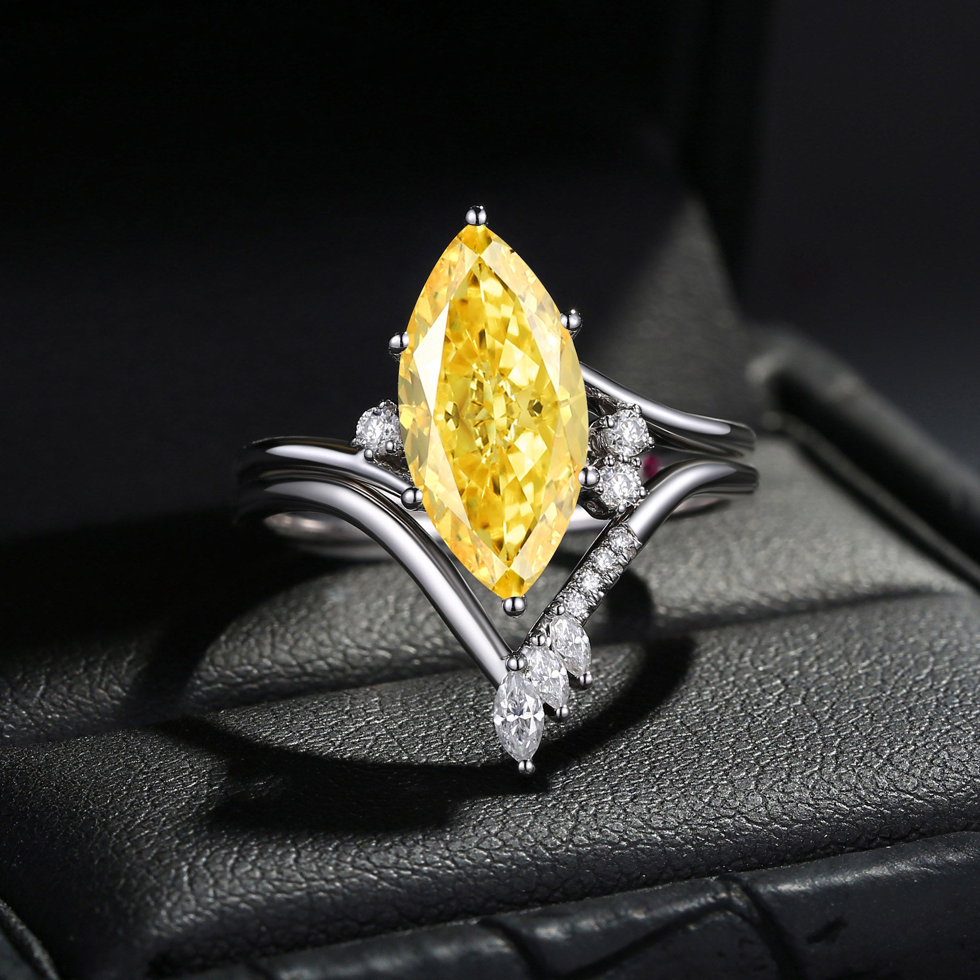 Classic Style Marquise Cut IGI Certificated Lab Yellow Diamond Twist Elegant Engagement Ring Bridal Set