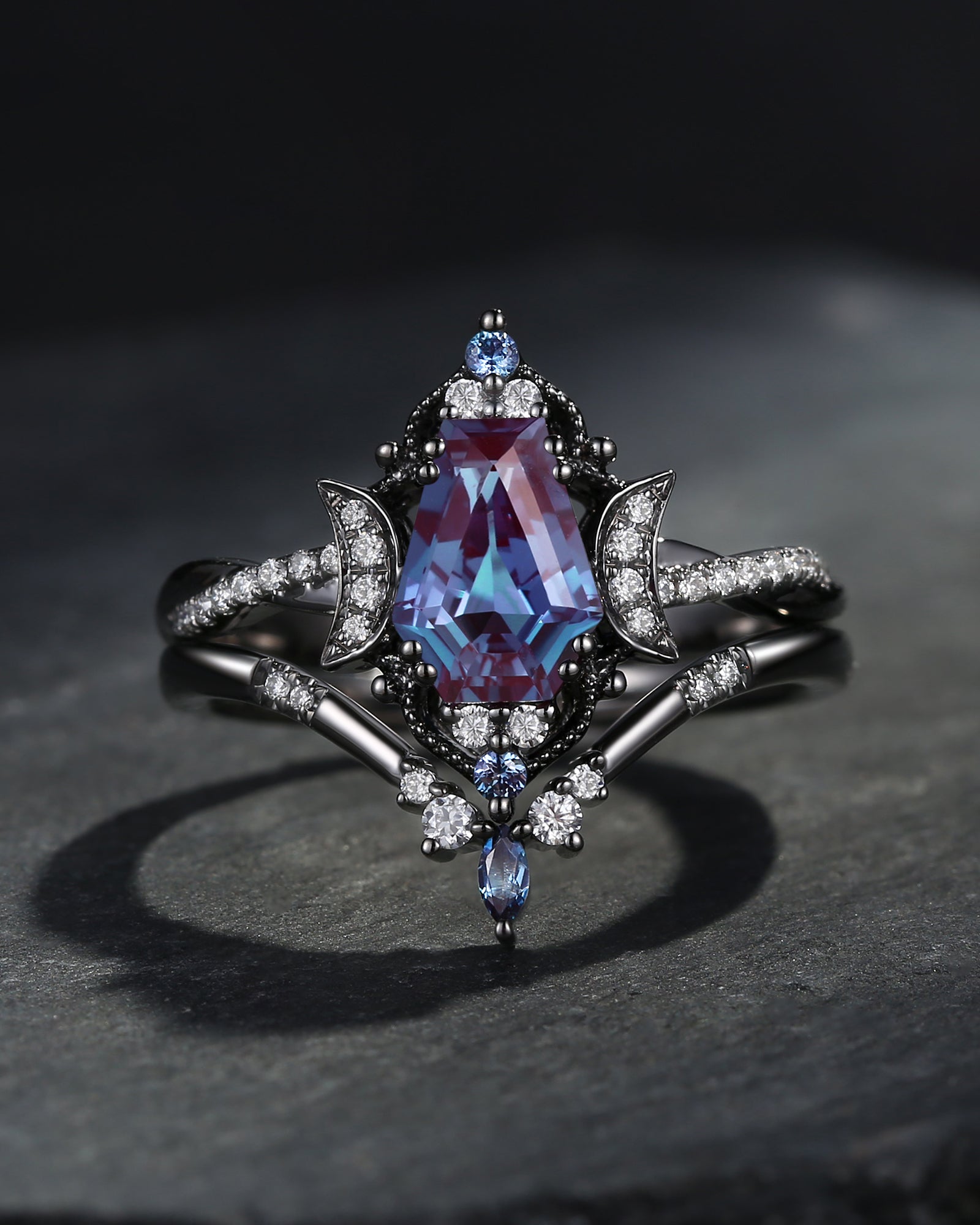 Crescent Moon | Coffin Mystic Changing Color Alexandrite Black Gold Engagement Ring Set 2pcs - Alexandria