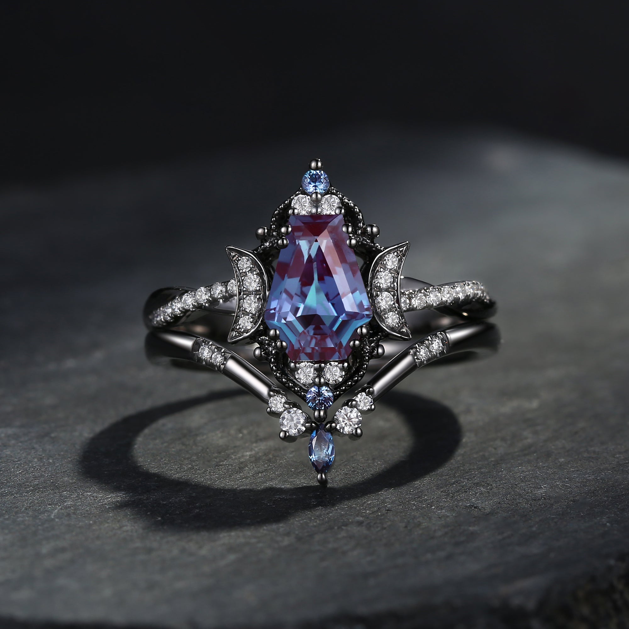 Crescent Moon | Coffin Mystic Changing Color Alexandrite Black Gold Engagement Ring Set 2pcs - Alexandria