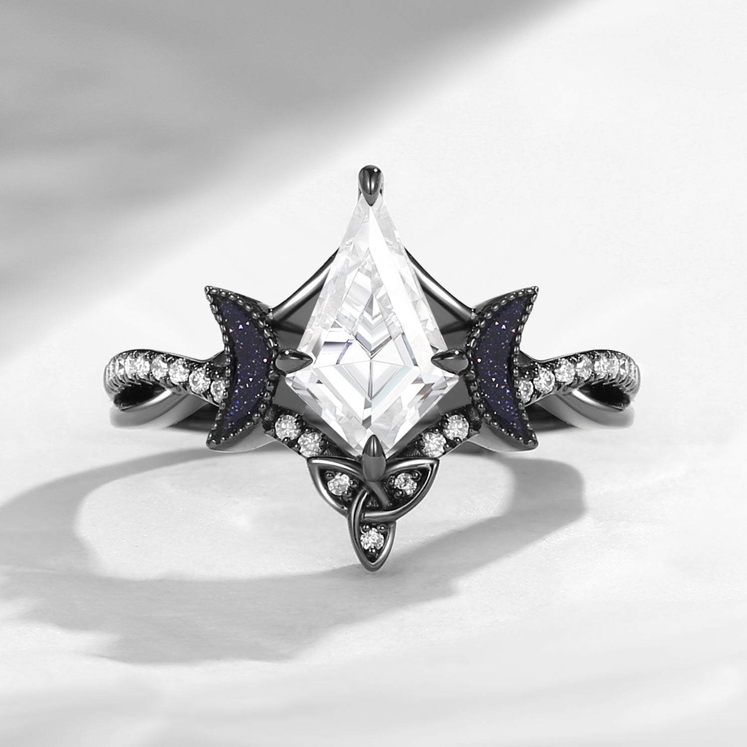 Celtic Moon | Marquise Moissanite Twist Celtic Moon Black Gold Engagement Ring