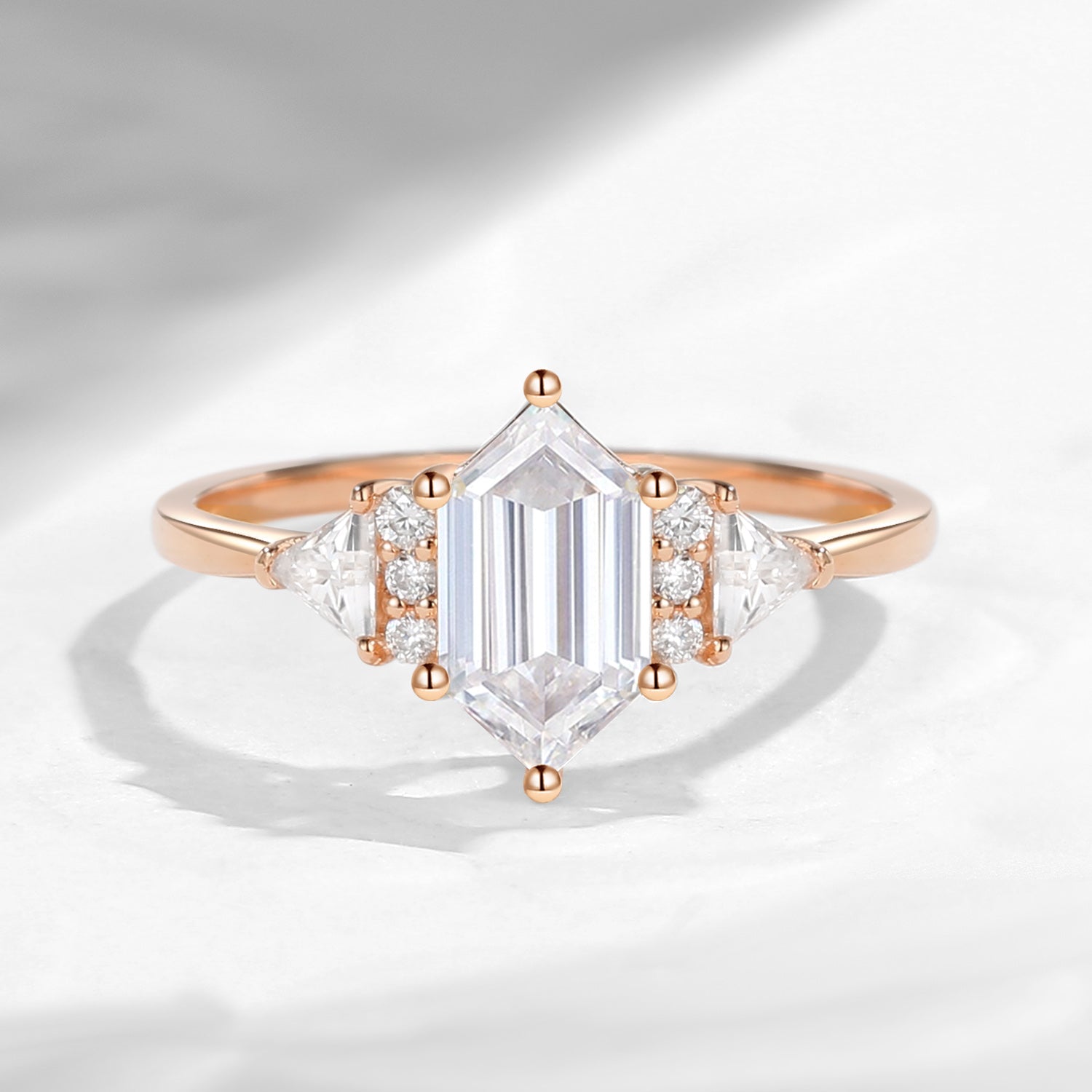 Classic Cluster Long Hexagon Cut Moissanite Engagement Ring