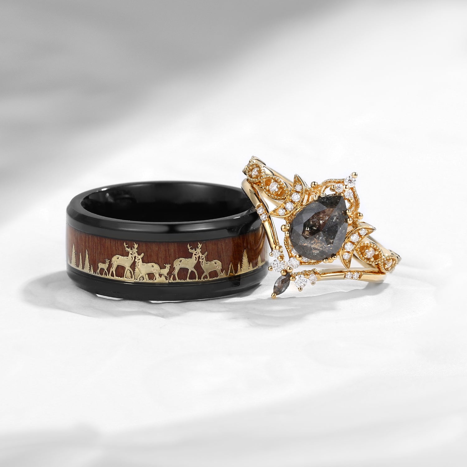 Crescent Moon | Coffin Faceted Lab Alexandrite Rainbow Electroplated Couple Bridal Ring Set