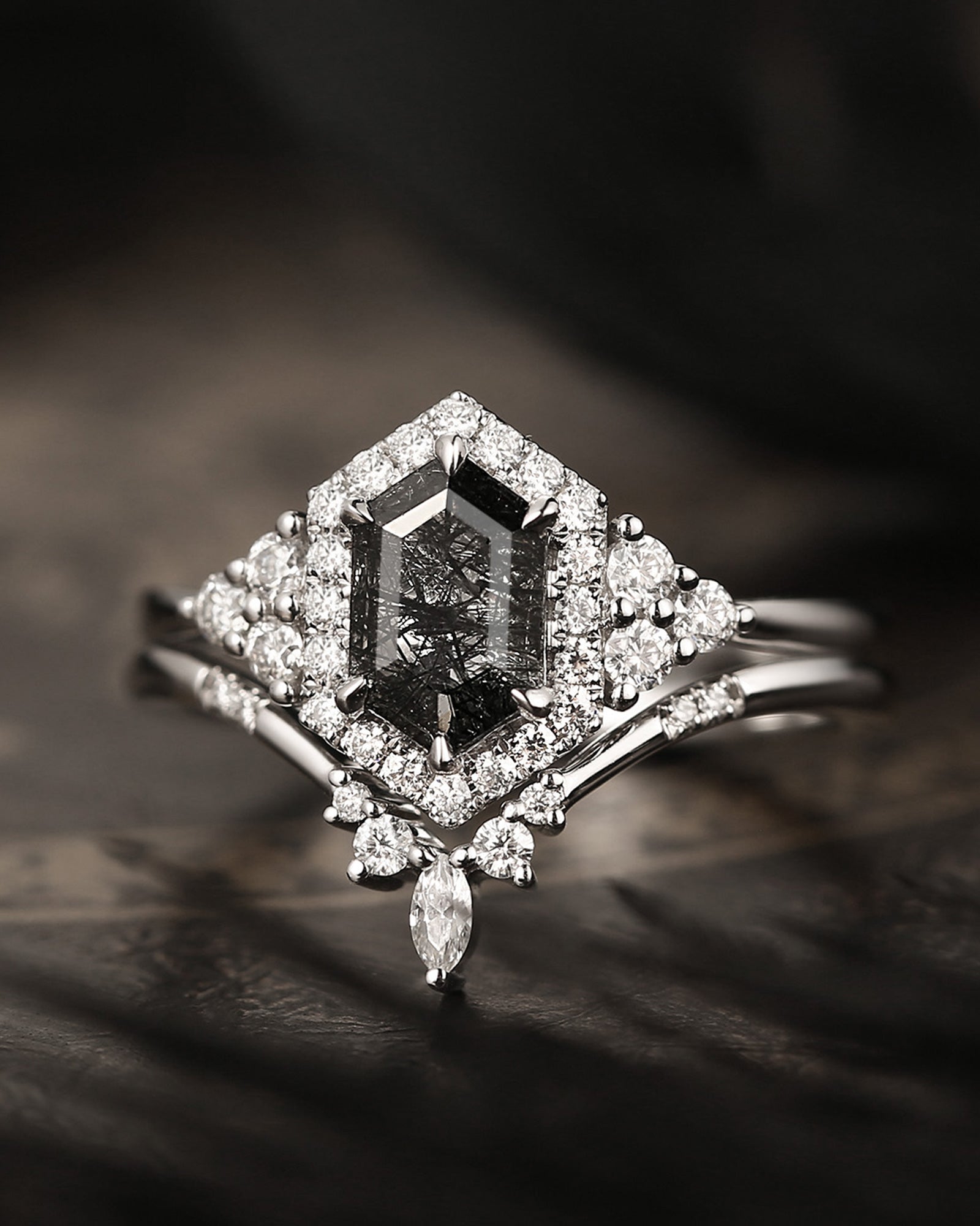 Long Hexagon Black Rutilated Quartz Halo Engagement Ring Set